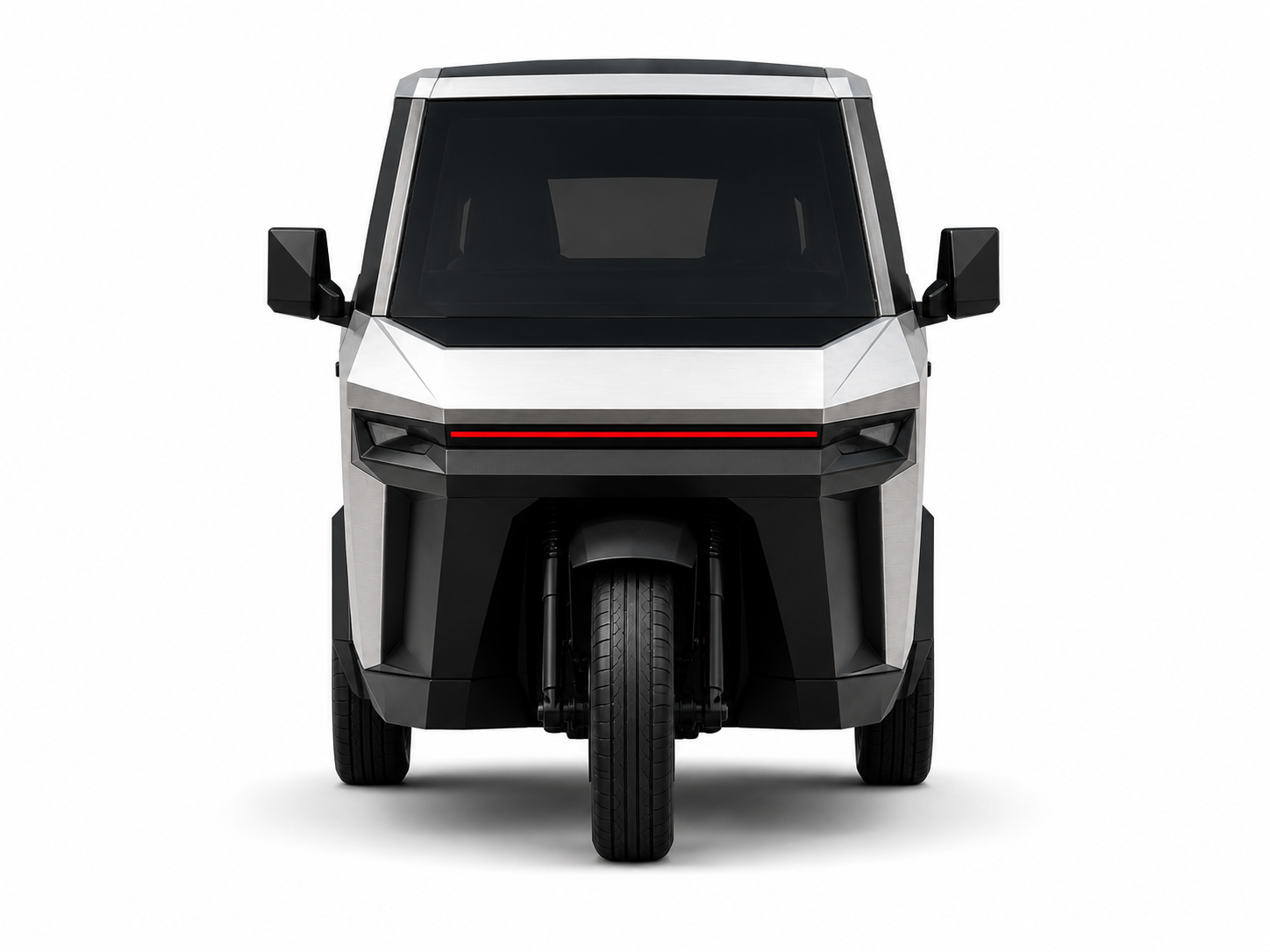 Front view of the proposed Tukzie, with a single front wheel, broad enclosed face, horizontal LED light bar and full-width windshield.