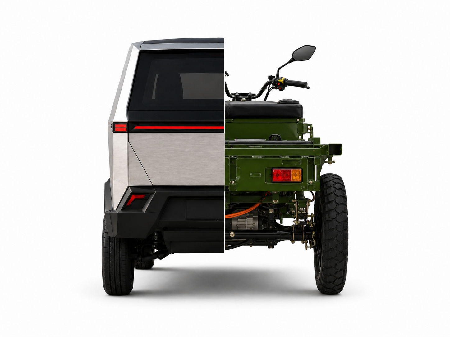 Rear view split down the middle: the proposed enclosed silver body on the left, the original green open-frame prototype on the right.