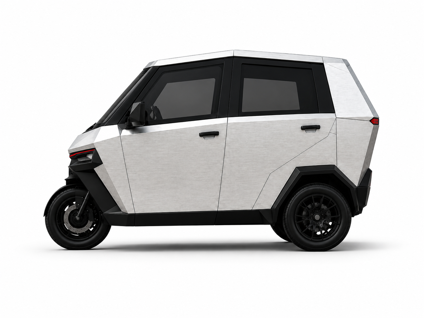 Side profile of the proposed enclosed Tukzie, with a multi-panel silver body, side doors and tinted windows over the same three-wheel layout.