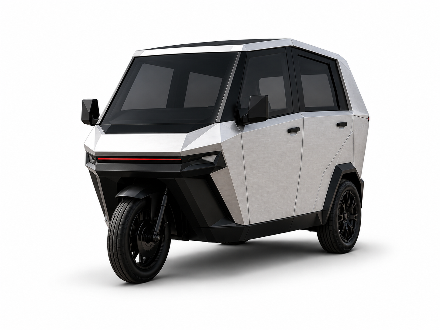 Three-quarter front view of the proposed Tukzie, showing the angular cabin, large windshield, mirrors and integrated light bar.